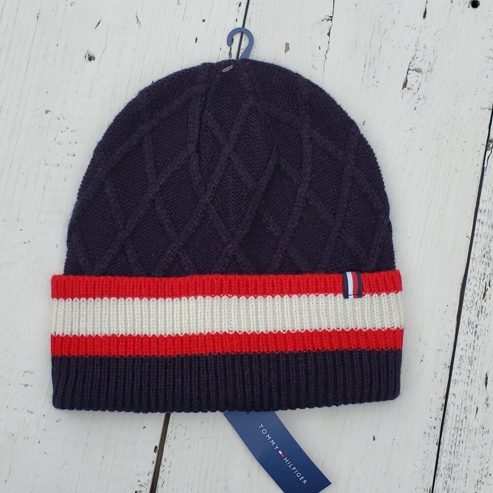 Tommy Hilfiger Women's Beanie Hat Navy With Logo Color Accents One Size NWT